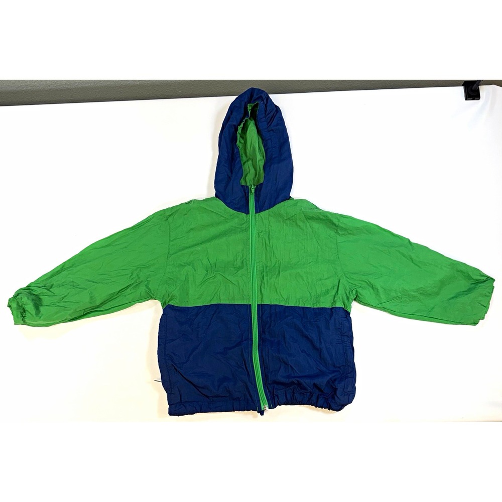 Boys Color-Blocked Green and Navy Blue Hooded Windbreaker Jacket / Rain Coat 6/7